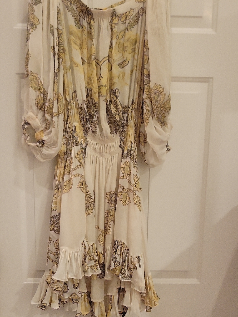 Roberto Cavalli Cream and Yellow Paisley Ruffle Midi Dress